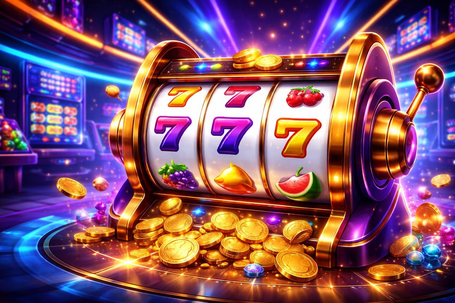 Pemandangan mesin slot online berwarna-warni dengan simbol berputar di dalam lobi kasino digital yang futuristik dan penuh cahaya.