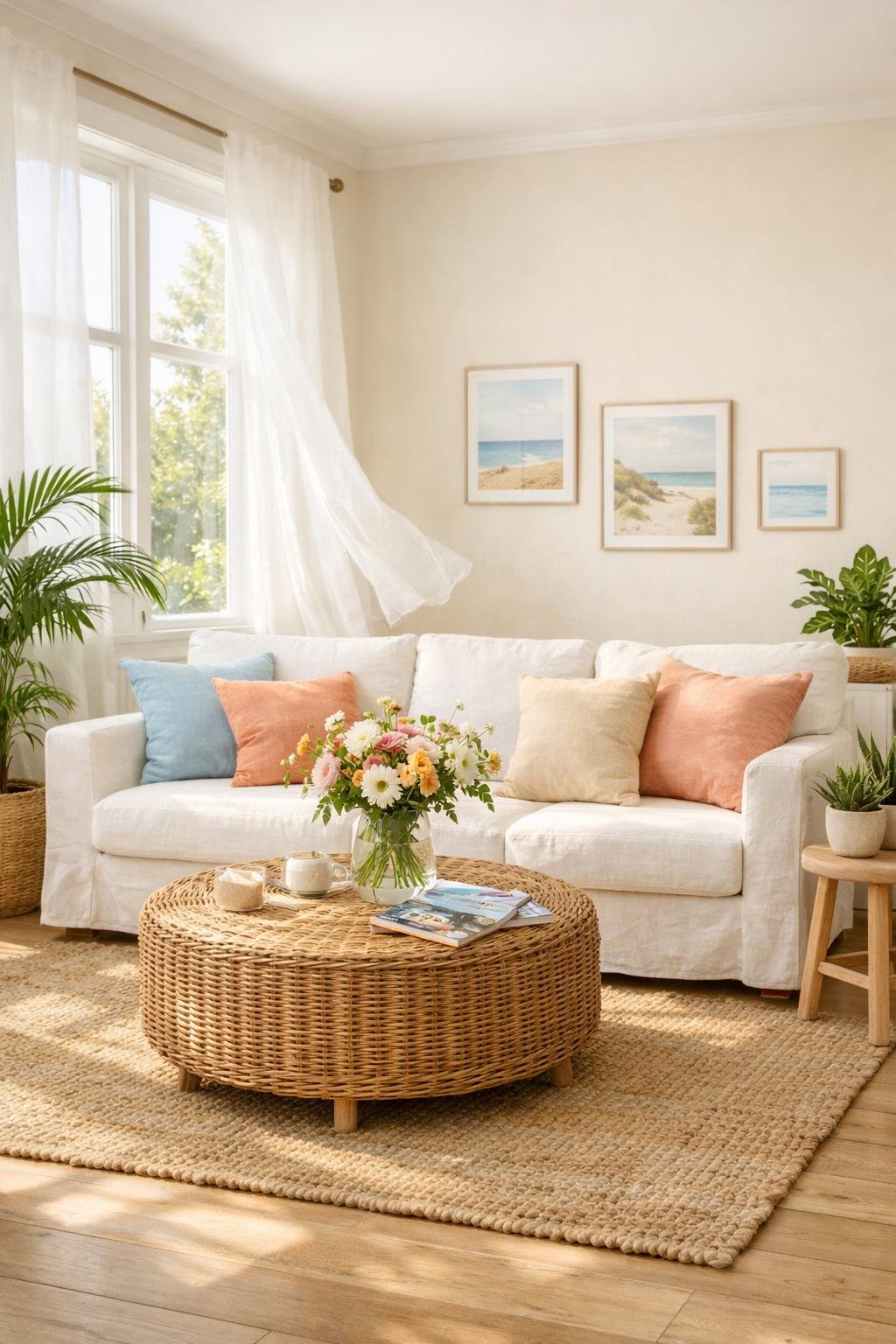 A bright summer living room with a white sofa, pastel cushions, natural wood furniture, indoor plants, and sunlight streaming through large windows.