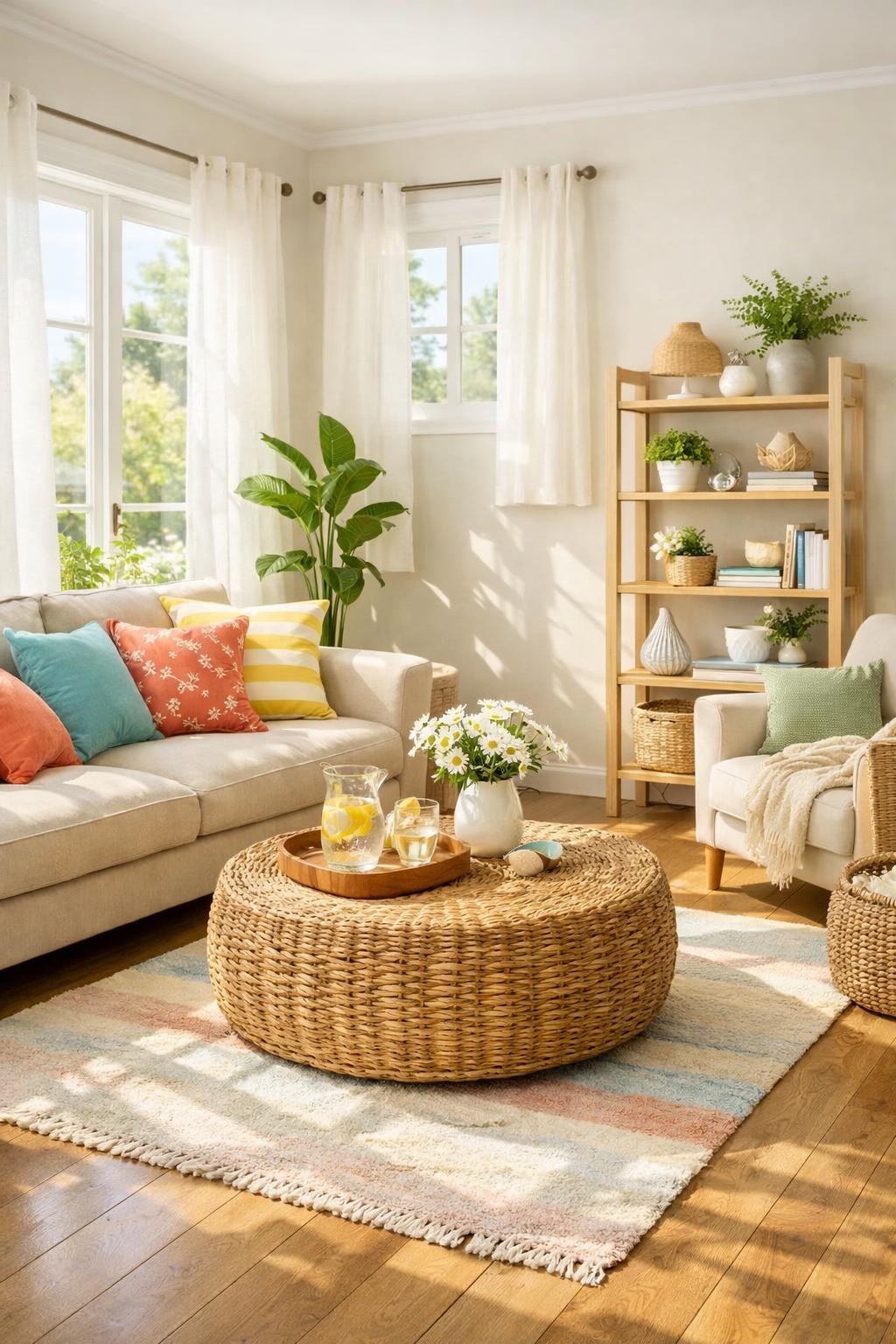 A bright living room with natural light, light-colored furniture, green plants, and summer decor creating a fresh and inviting atmosphere.