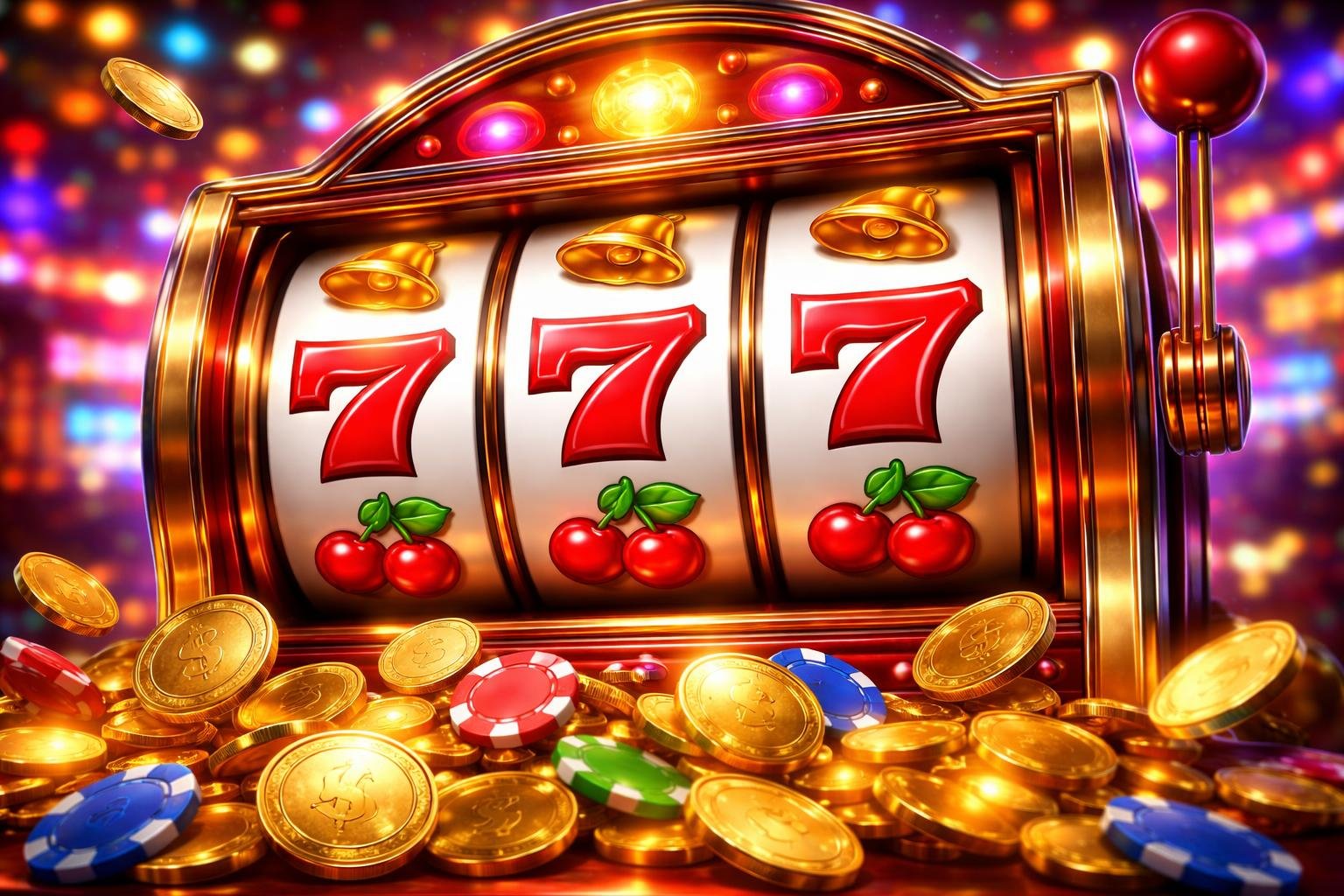 Mesin slot dengan simbol ceri, lonceng emas, dan angka tujuh merah, dikelilingi koin dan suasana kasino yang cerah.
