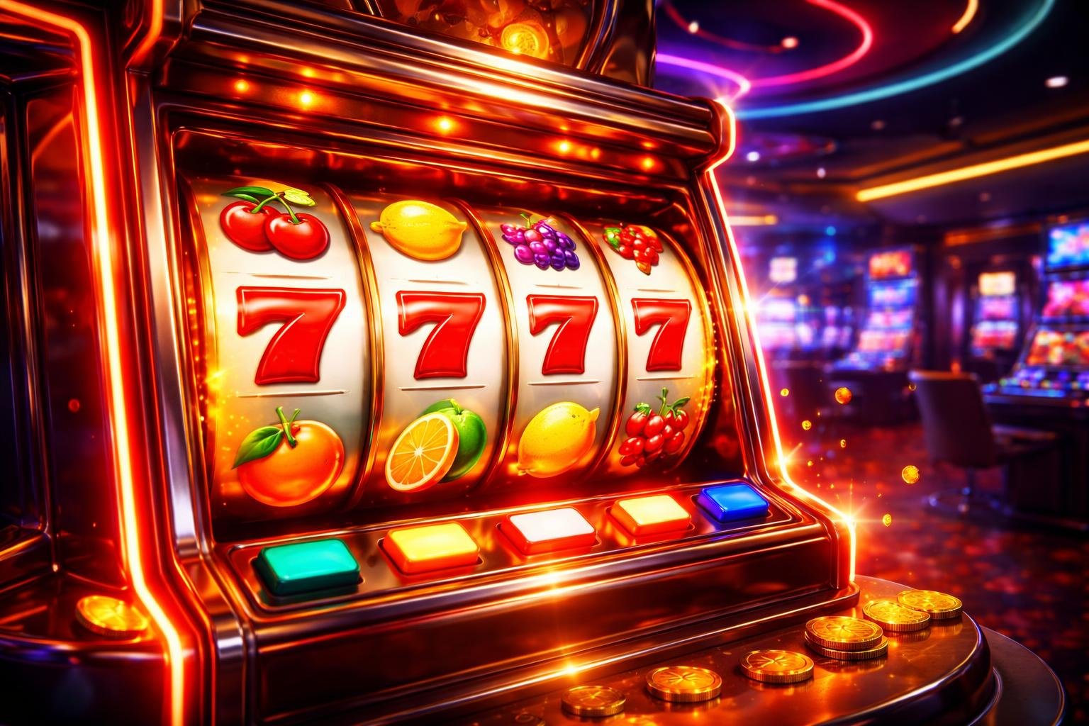 Gambaran mesin slot dengan simbol buah berwarna cerah di dalam ruang permainan modern yang terang dan penuh warna.