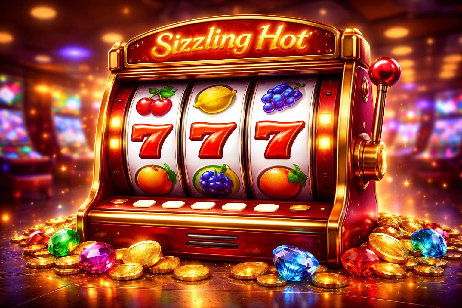 Gambaran mesin slot dengan simbol buah berwarna-warni dan koin berserakan di lantai kasino yang terang.