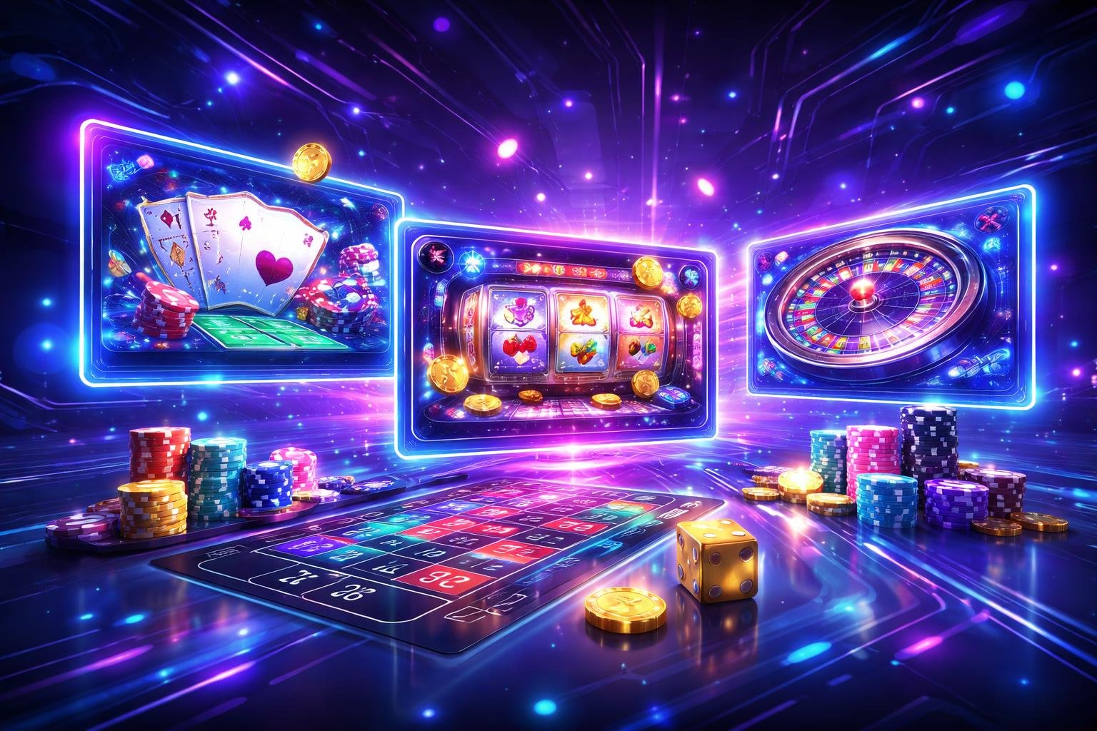 Tampilan 3D dari antarmuka permainan online dengan layar holografik dan elemen digital futuristik di latar belakang.