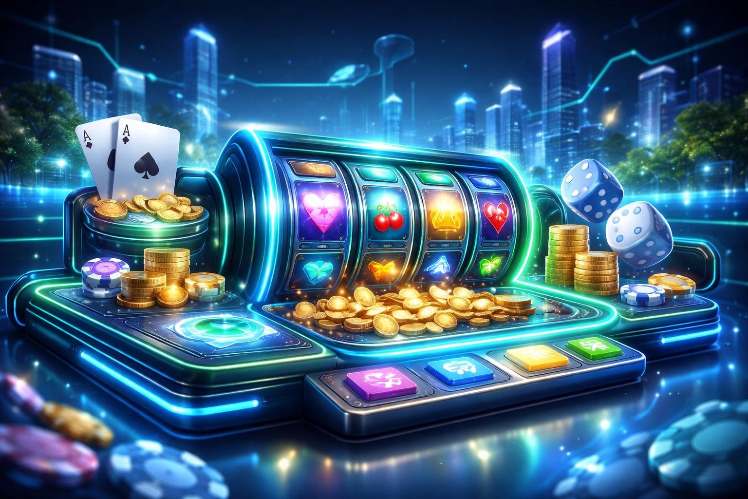 Adegan 3D yang menampilkan antarmuka permainan online dengan elemen permainan seperti gulungan, kartu, dan dadu yang mengambang, dengan latar belakang pemandangan kota modern yang futuristik.