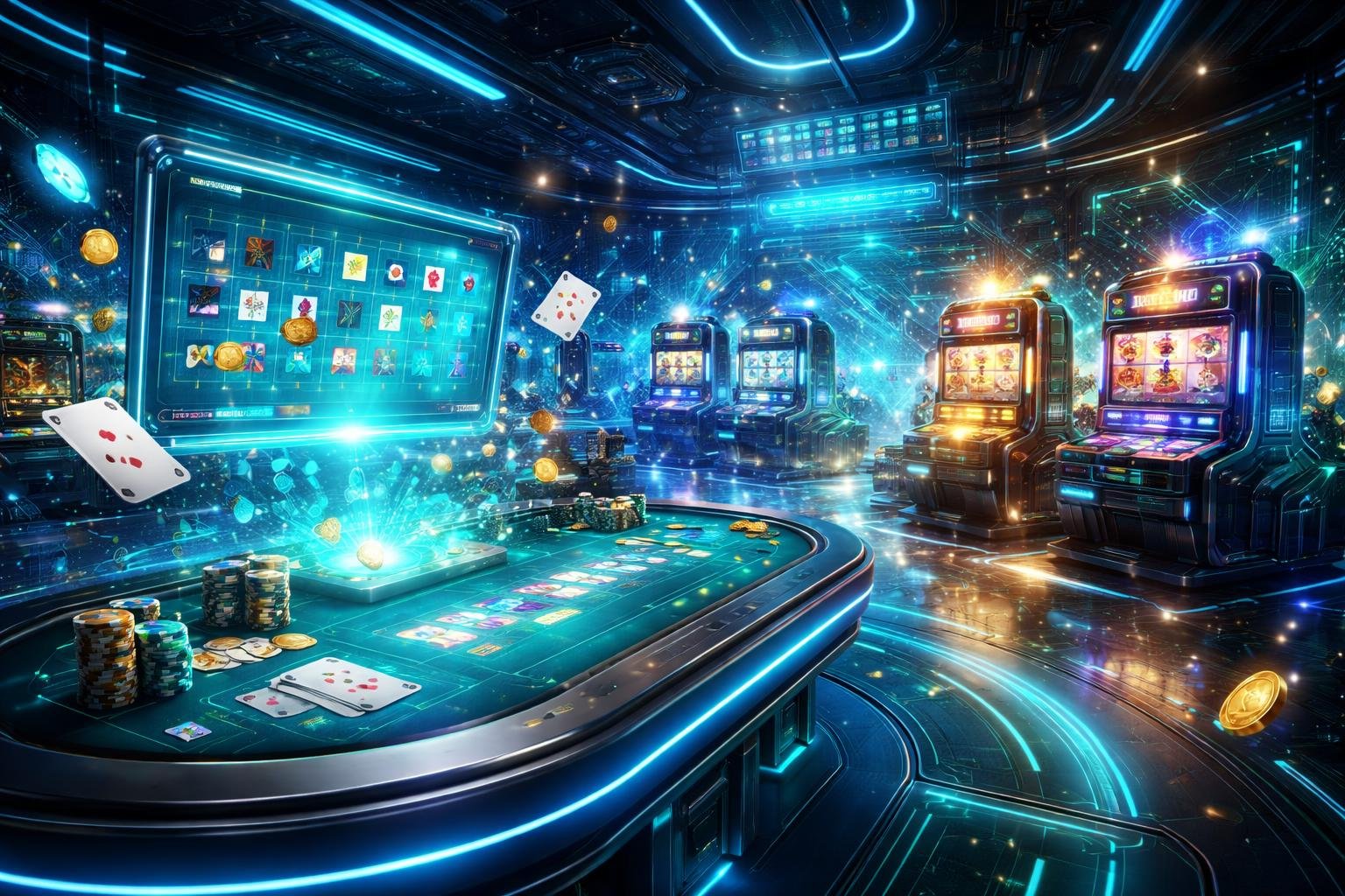 Lingkungan permainan online dengan mesin slot dan meja kartu futuristik yang menyala, menampilkan suasana kasino digital yang modern dan menarik.
