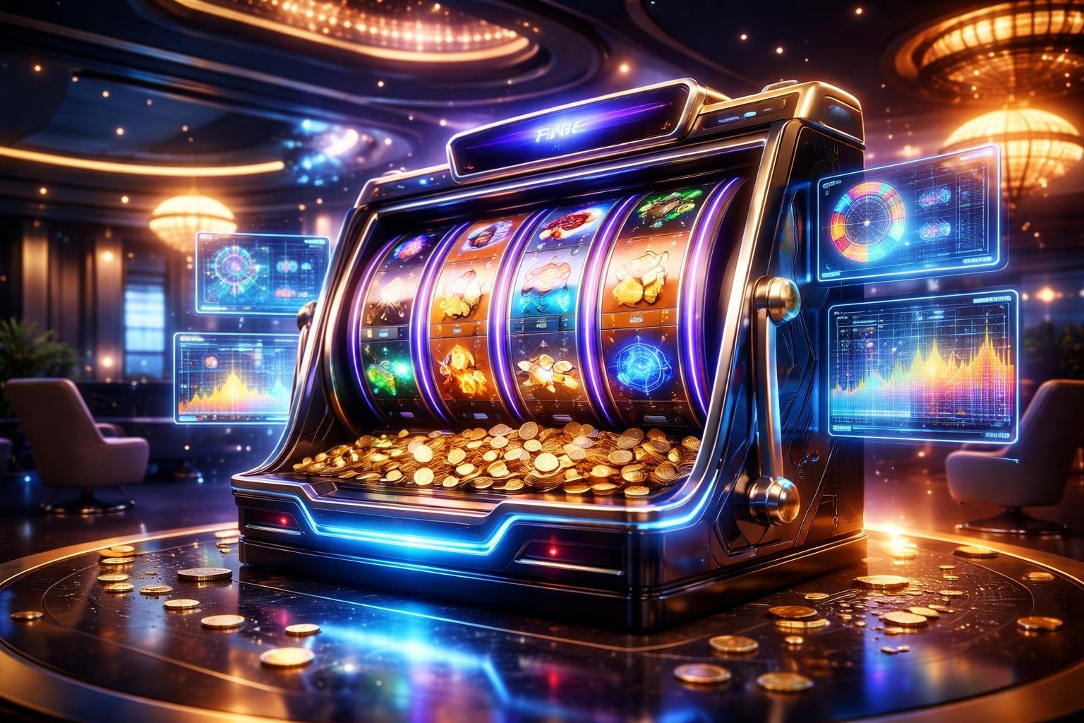 Sebuah mesin slot modern yang berkilau dengan koin emas dan berlian di sekitarnya dalam suasana kasino mewah.