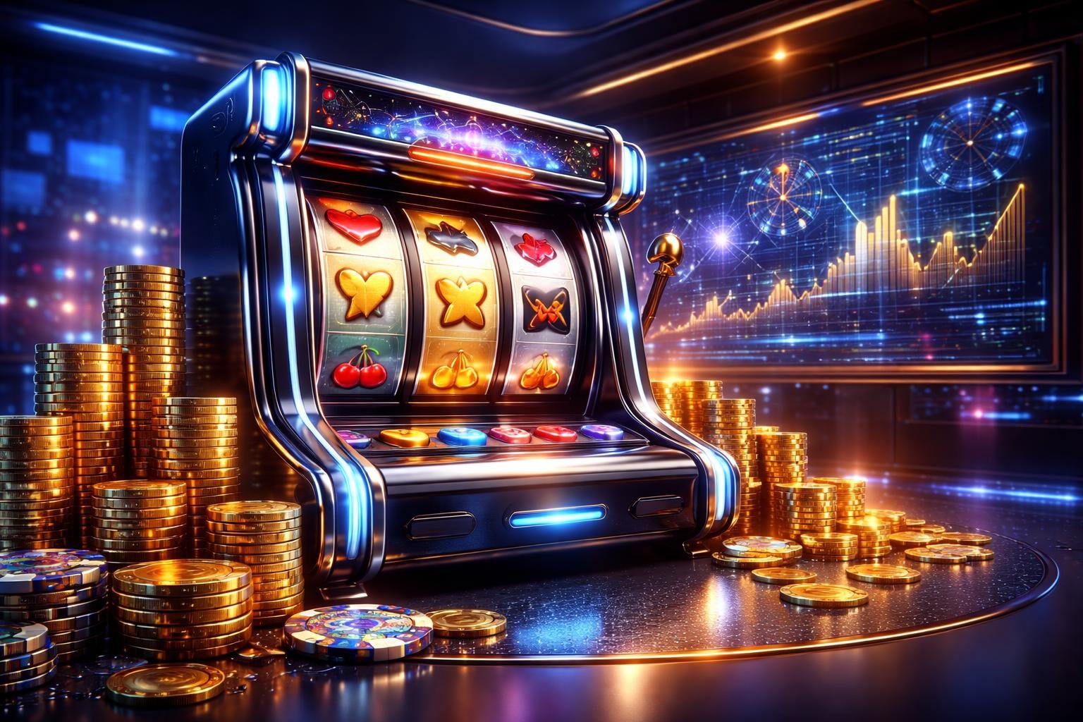 Suasana ruang kasino modern dengan mesin slot yang menyala, tumpukan koin emas, dan layar digital yang menampilkan grafik strategi permainan.