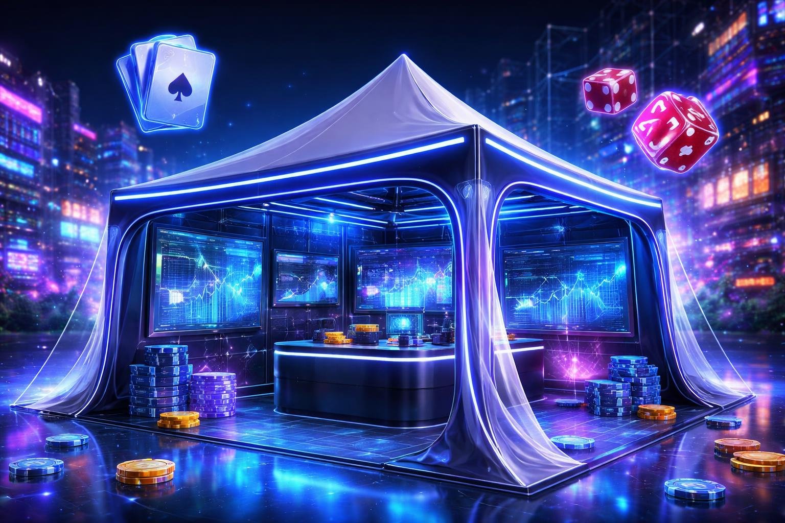 Tenda informasi modern di lingkungan digital dengan ikon judi online seperti kartu, dadu, dan mesin slot mengambang di udara.