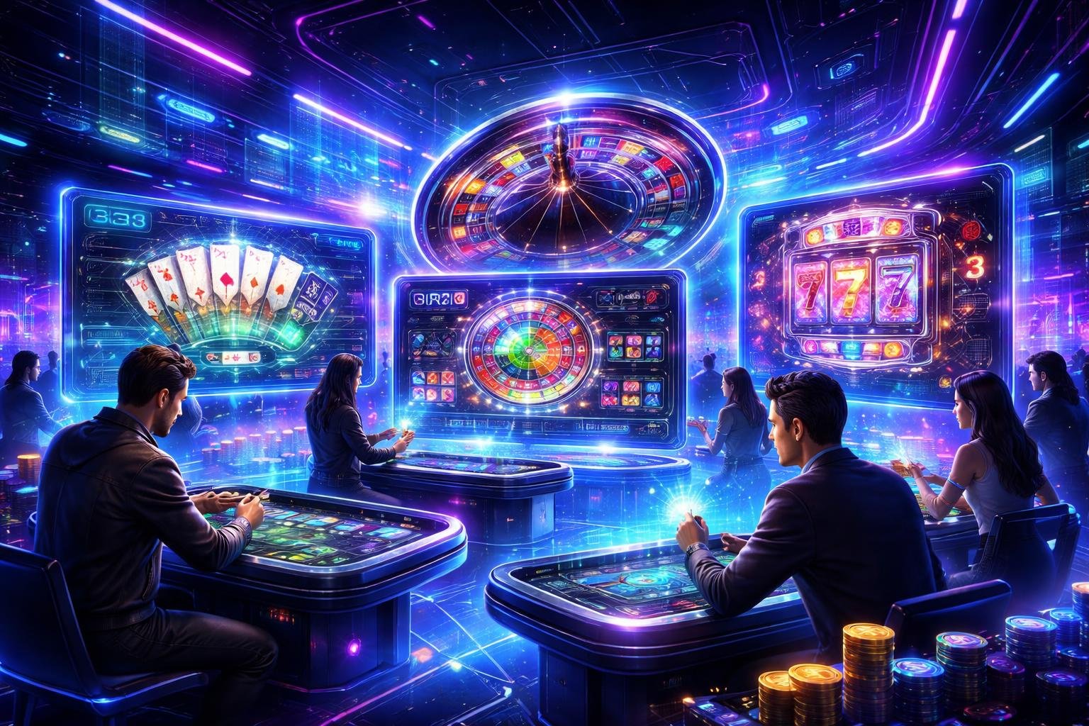 Suasana kasino digital futuristik dengan beberapa avatar bermain permainan judi online di depan layar holografik yang menampilkan berbagai permainan dan statistik kemenangan.