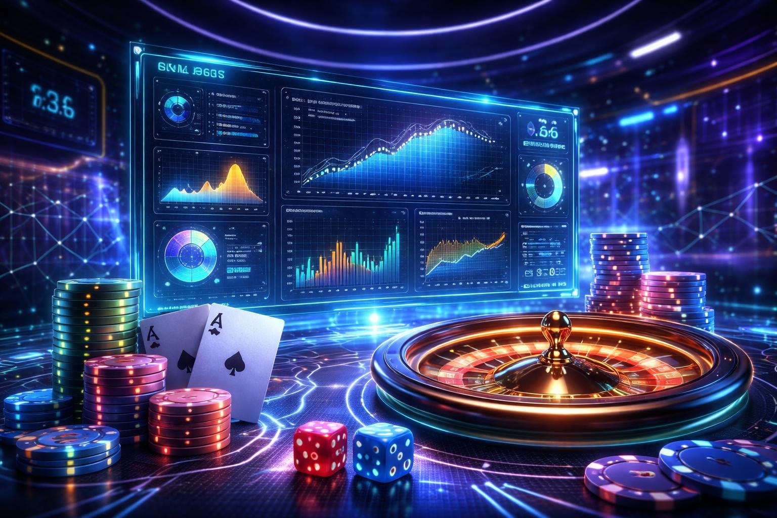 Suasana ruang kasino digital futuristik dengan tampilan holografik yang menampilkan grafik dan alat judi seperti kartu, dadu, dan roda roulette.
