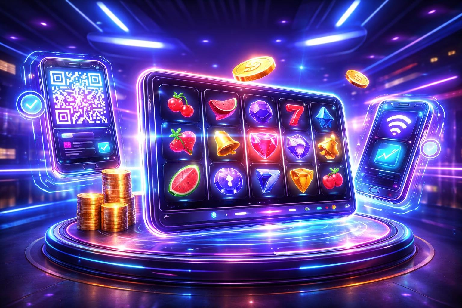 Tampilan antarmuka mesin slot online dengan simbol warna-warni dan elemen pembayaran digital di lingkungan kasino futuristik.