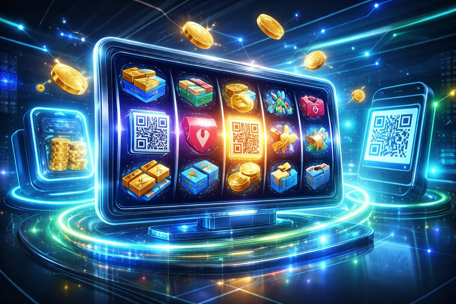 Tampilan antarmuka permainan slot online dengan layar sentuh transparan dan simbol slot berwarna-warni, dikelilingi cahaya neon biru dan hijau serta latar belakang dompet digital dan pemindai kode QR.