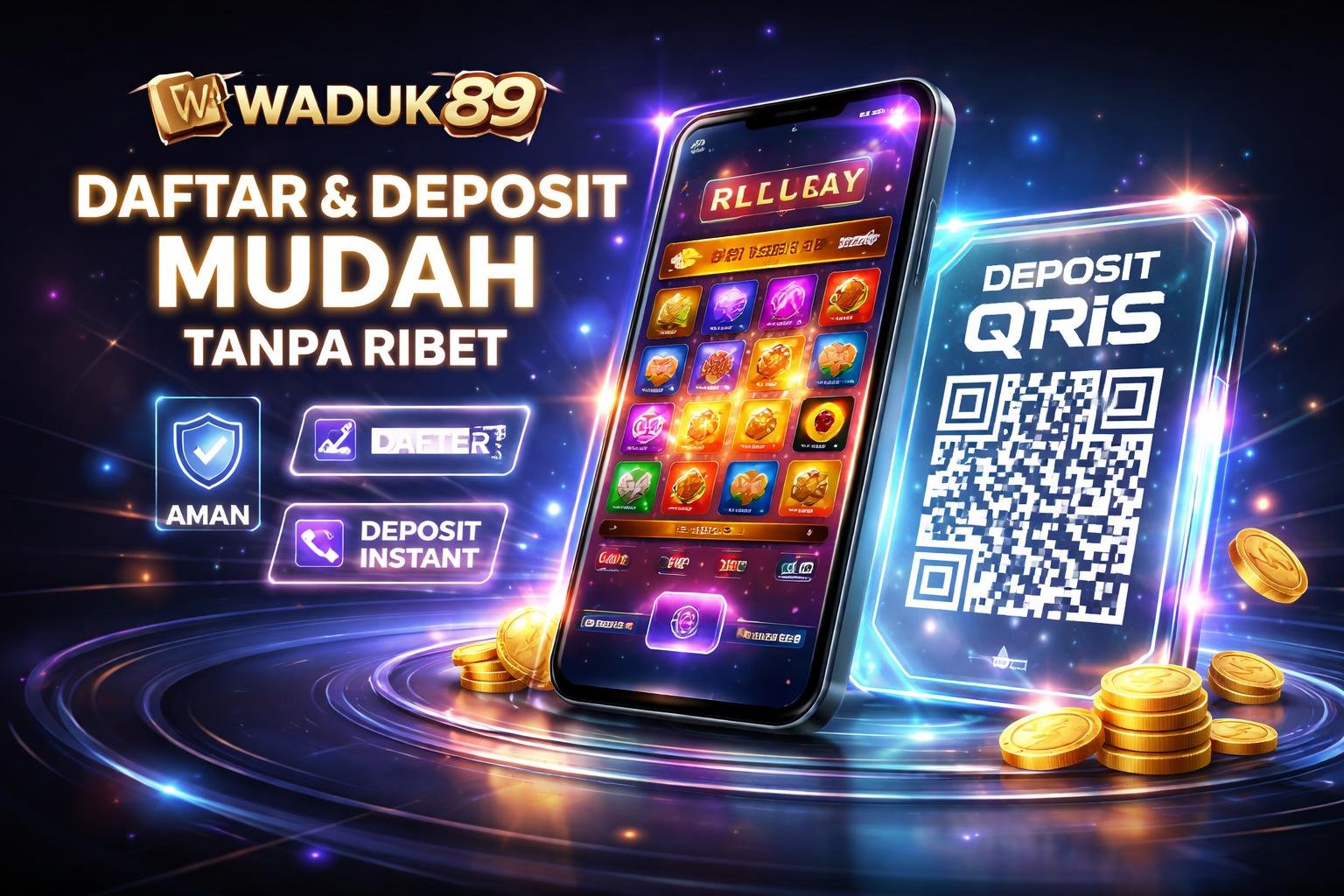 Antarmuka digital dengan ponsel menampilkan permainan slot dan kode QR untuk metode pembayaran QRIS.