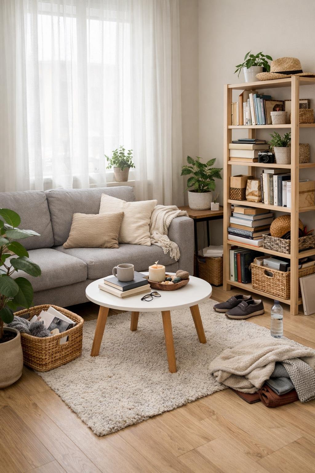 A small living room with a sofa, coffee table, shelving unit, and plants, showing a tidy but cozy space.