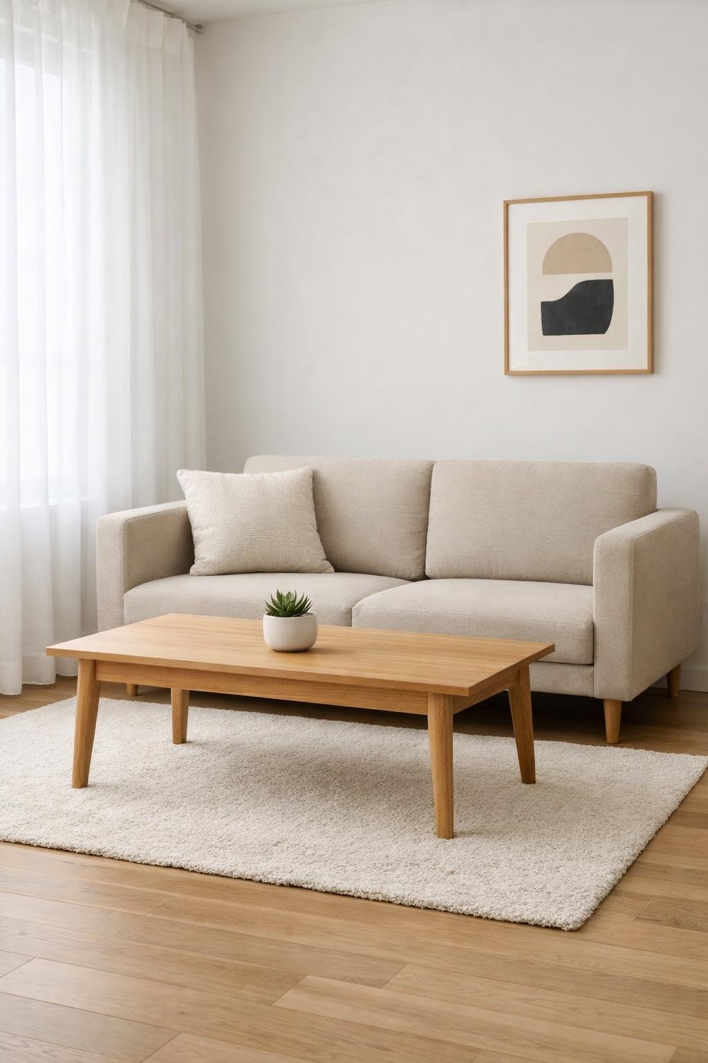 A small living room with a sofa, coffee table, large windows, and minimal furniture.