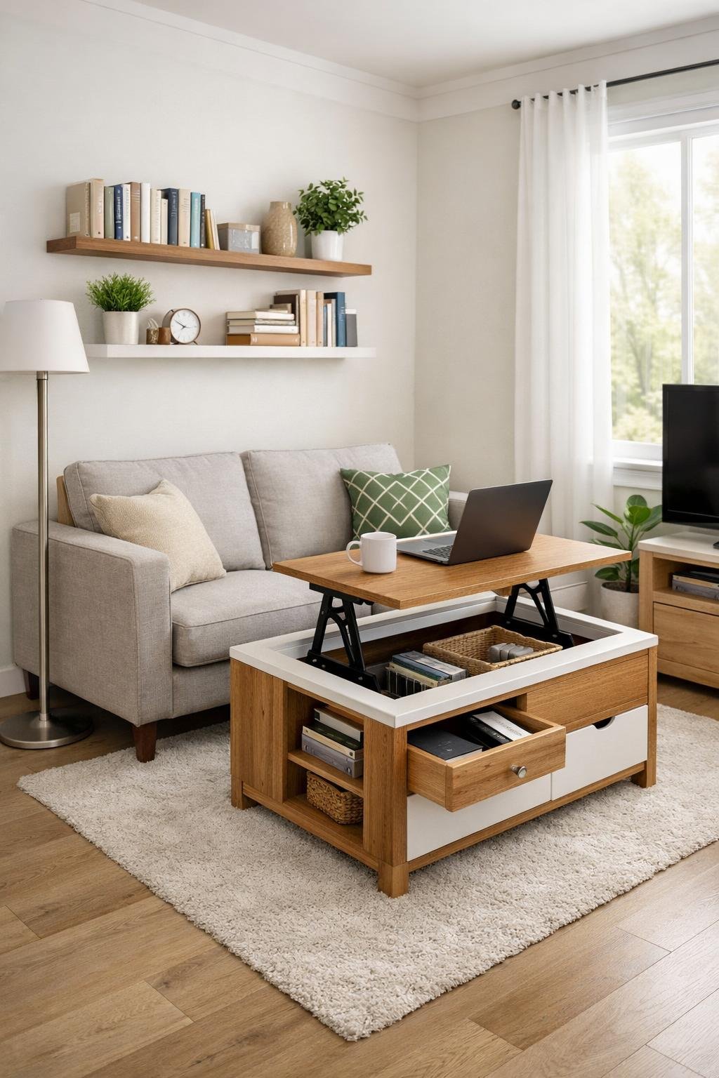 A small living room with a compact sofa, coffee table with storage, wall shelves, plants, and a floor lamp arranged to maximize space.