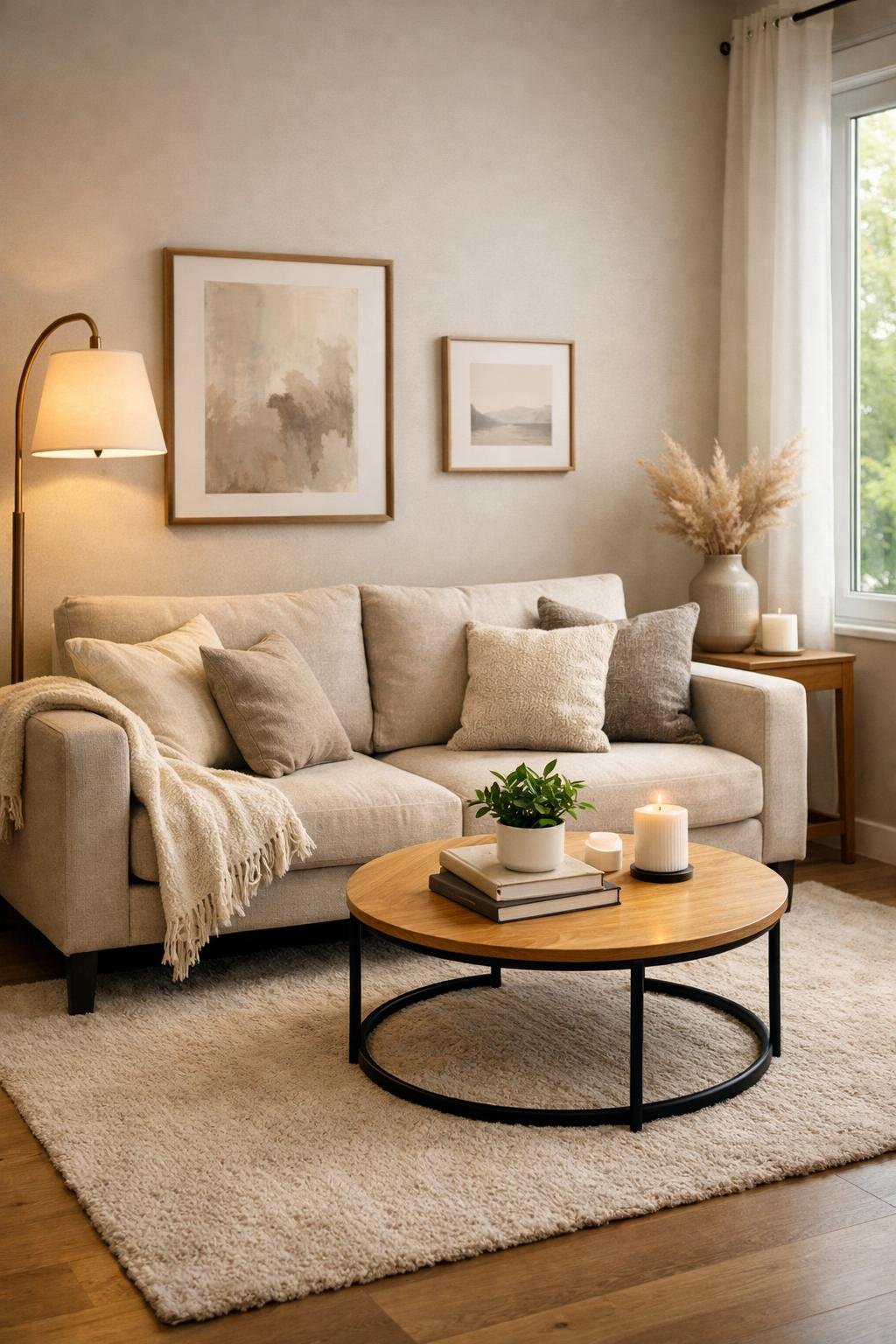 A small living room with a modern sofa, coffee table, plants, artwork, and warm lighting.