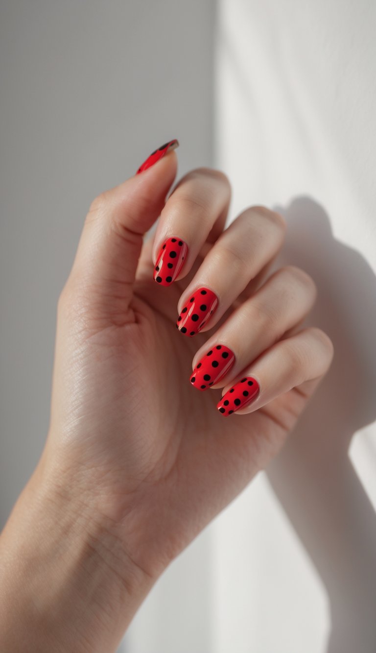 Close-up of a single hand with red nails decorated with black polka dots against a white background.