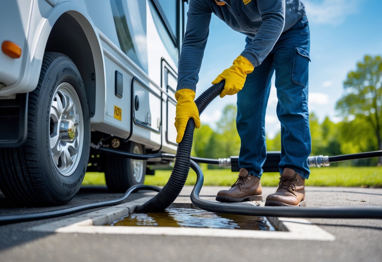 Person connecting a sewer hose from an RV to a dump station at an outdoor RV park.