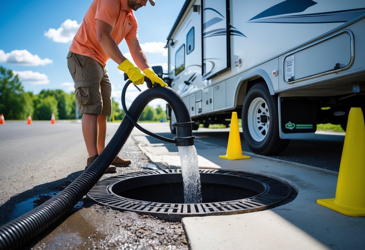 Person emptying an RV waste tank at a clean dump station on a sunny day.