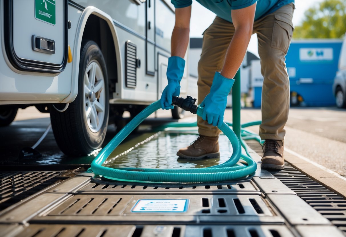 Person flushing and cleaning an RV waste tank at a designated dump station with hoses and drainage equipment.