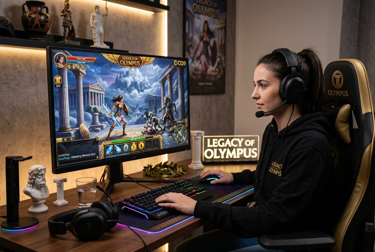 Seorang pemain sedang menggunakan komputer dengan layar menampilkan permainan bertema mitologi Yunani kuno.