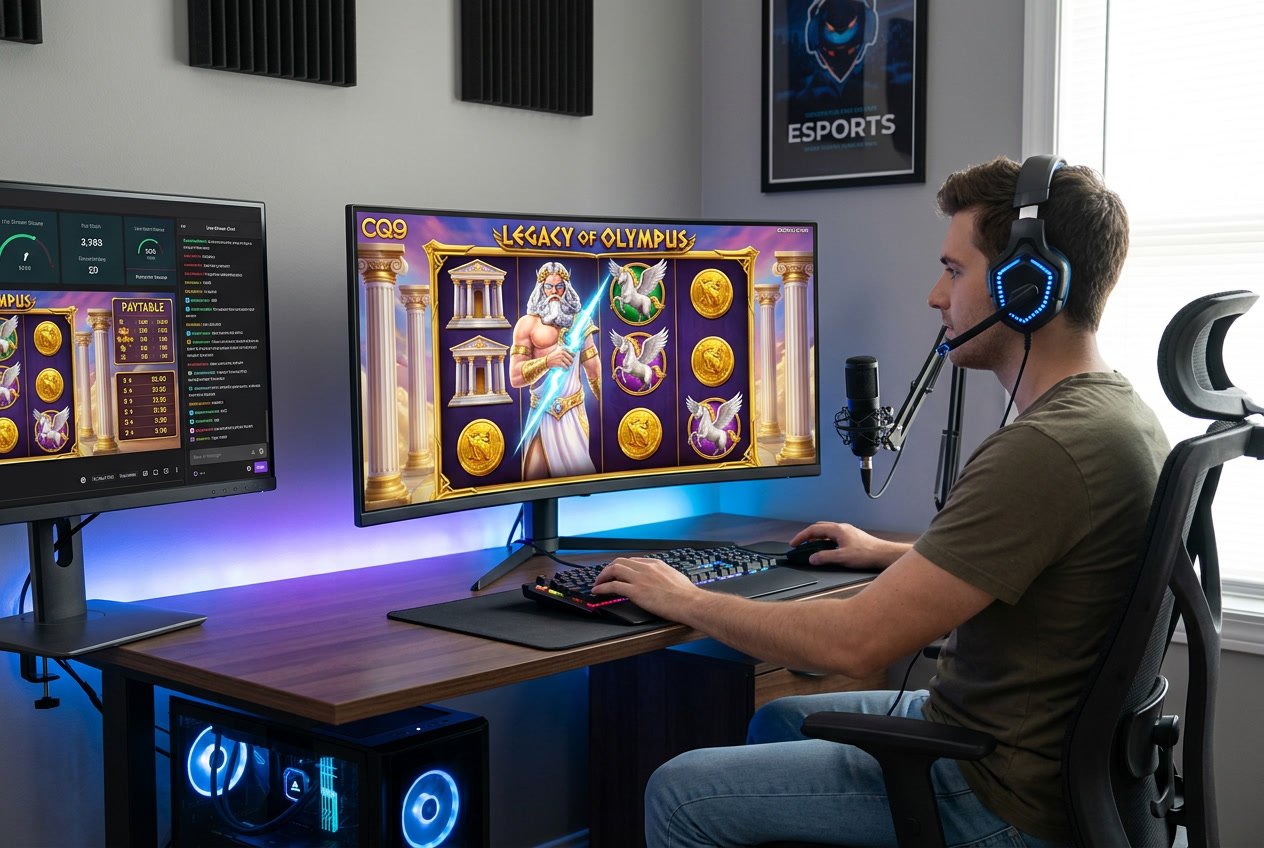 Tampilan layar komputer dengan permainan slot bertema mitologi Yunani yang menampilkan simbol Zeus, petir, dan koin emas.