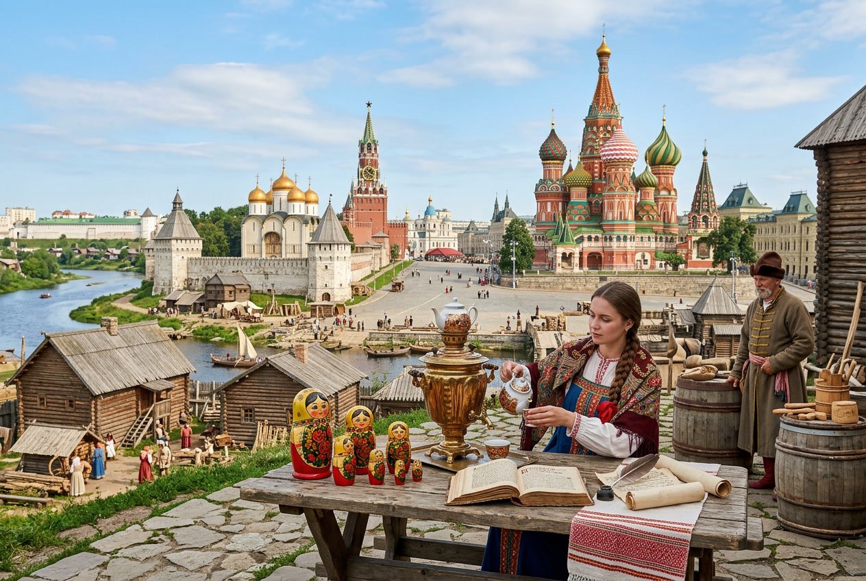 Pemandangan landmark bersejarah Rusia dengan kubah warna-warni, arsitektur kayu kuno, dan artefak budaya tradisional seperti samovar dan boneka Matryoshka di atas meja kayu.
