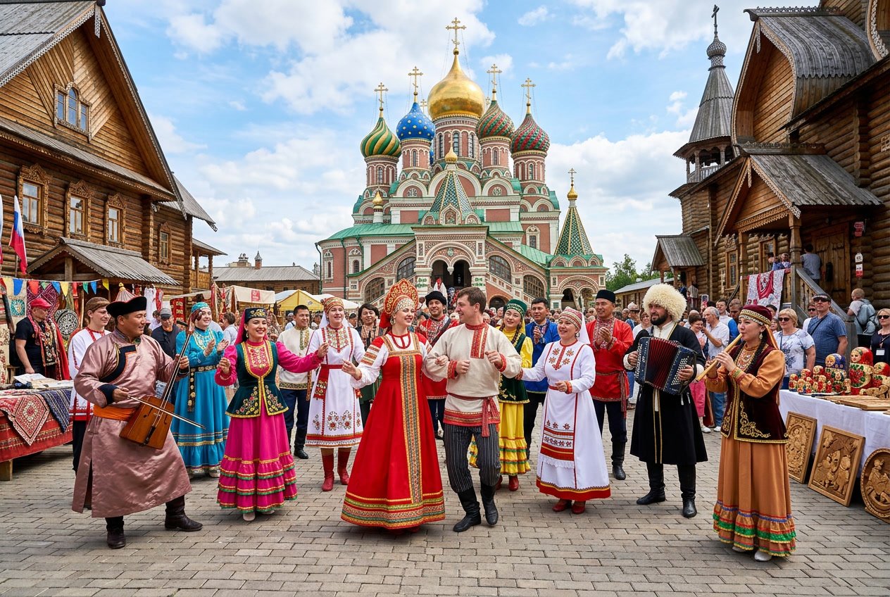 Sekelompok orang dari berbagai latar belakang etnis di Rusia mengenakan pakaian tradisional sedang berkumpul di luar ruangan dengan latar belakang bangunan khas Rusia.