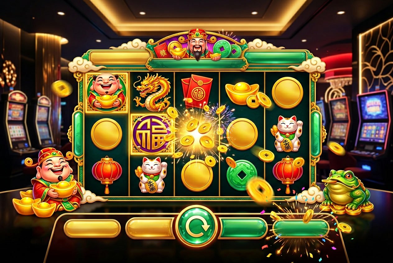 Tampilan antarmuka permainan slot bertema Lucky Chan Chu dengan simbol keberuntungan dan latar belakang kasino digital.