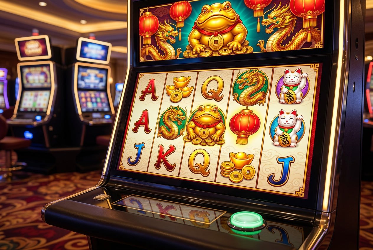 Mesin slot dengan simbol keberuntungan Asia seperti koin emas, lentera merah, naga, dan kucing keberuntungan di latar kasino mewah.