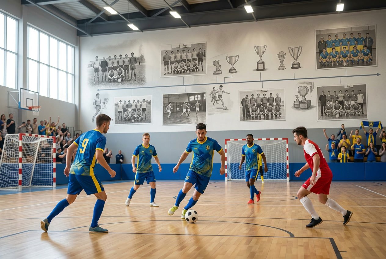 Para pemain futsal Safin FC sedang bermain di lapangan dalam ruangan dengan latar belakang mural yang menggambarkan sejarah klub.