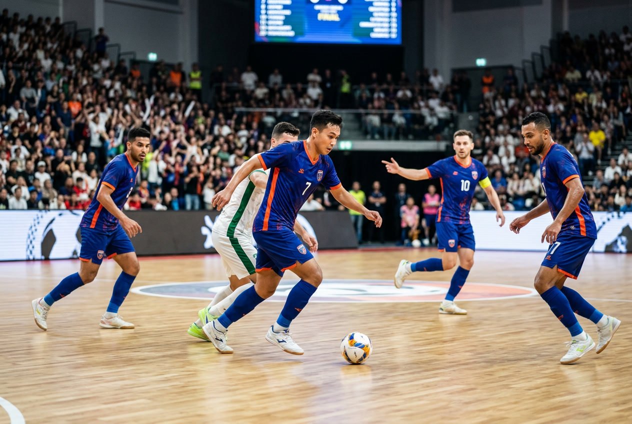 Pertandingan futsal profesional di dalam stadion dengan pemain Safin FC yang sedang bermain dan penonton bersorak di latar belakang.