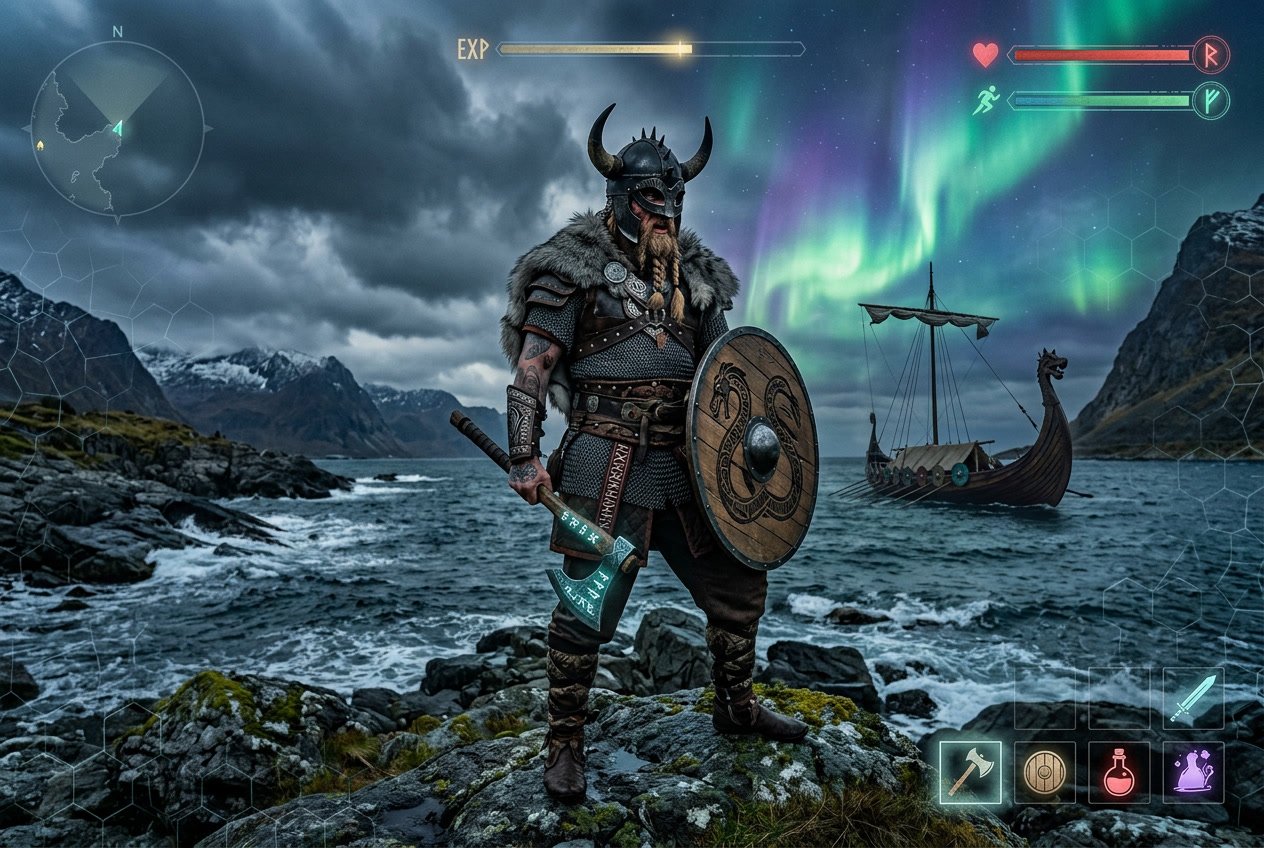 Seorang prajurit Viking berdiri di tepi pantai berbatu dengan kapal panjang di latar belakang dan langit dramatis yang menampilkan cahaya utara.