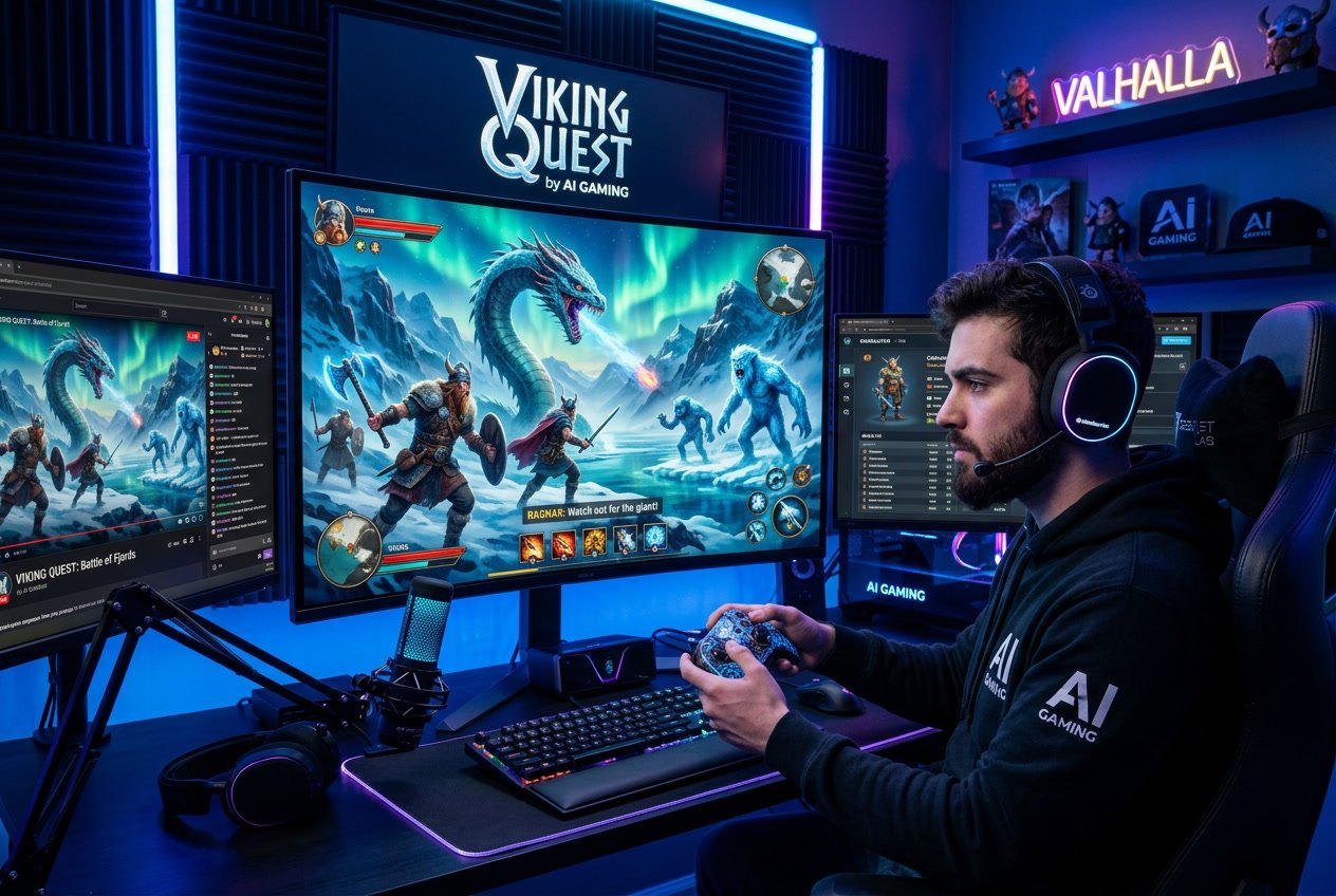 Seorang pemain sedang bermain game Viking Quest dengan latar belakang pemandangan Nordik dan karakter Viking yang hidup di layar komputer.