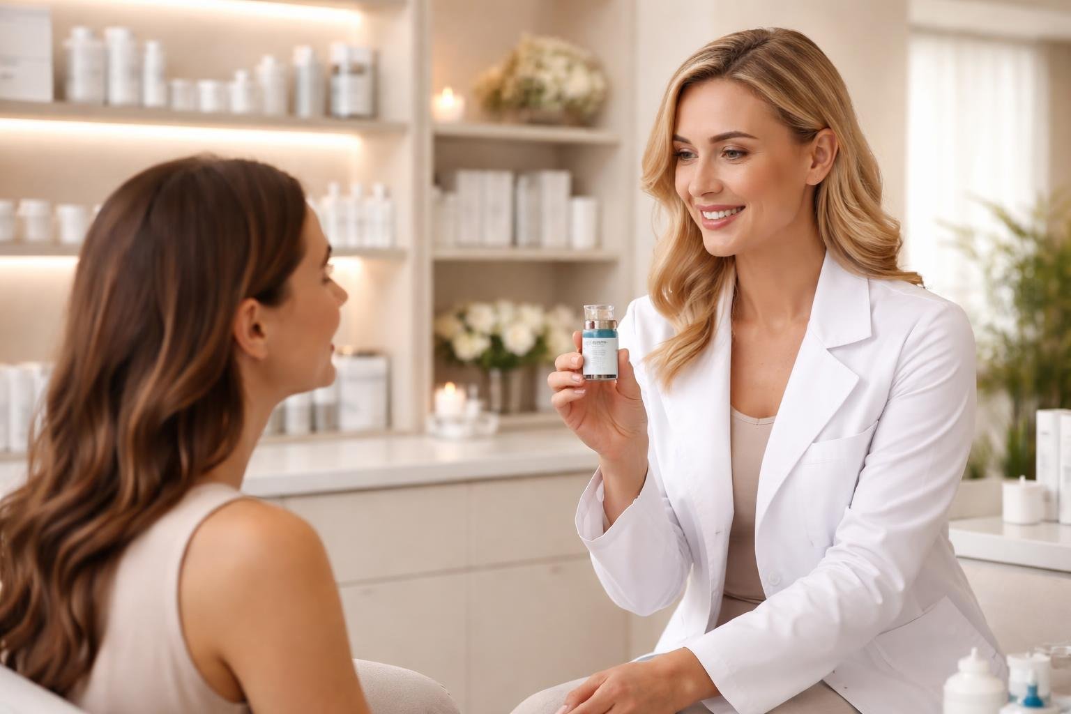 A medspa professional in a white lab coat shows a small vial to a seated client in a modern medspa reception area with shelves of skincare products in the background.
