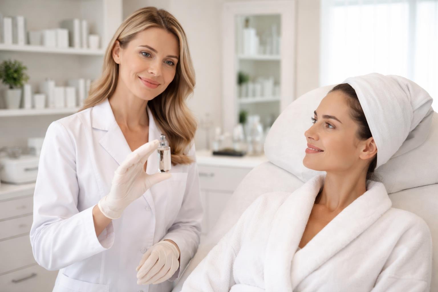 A skincare professional in a white lab coat prepares a peptide vial while talking to a seated client in a bright medspa treatment room.