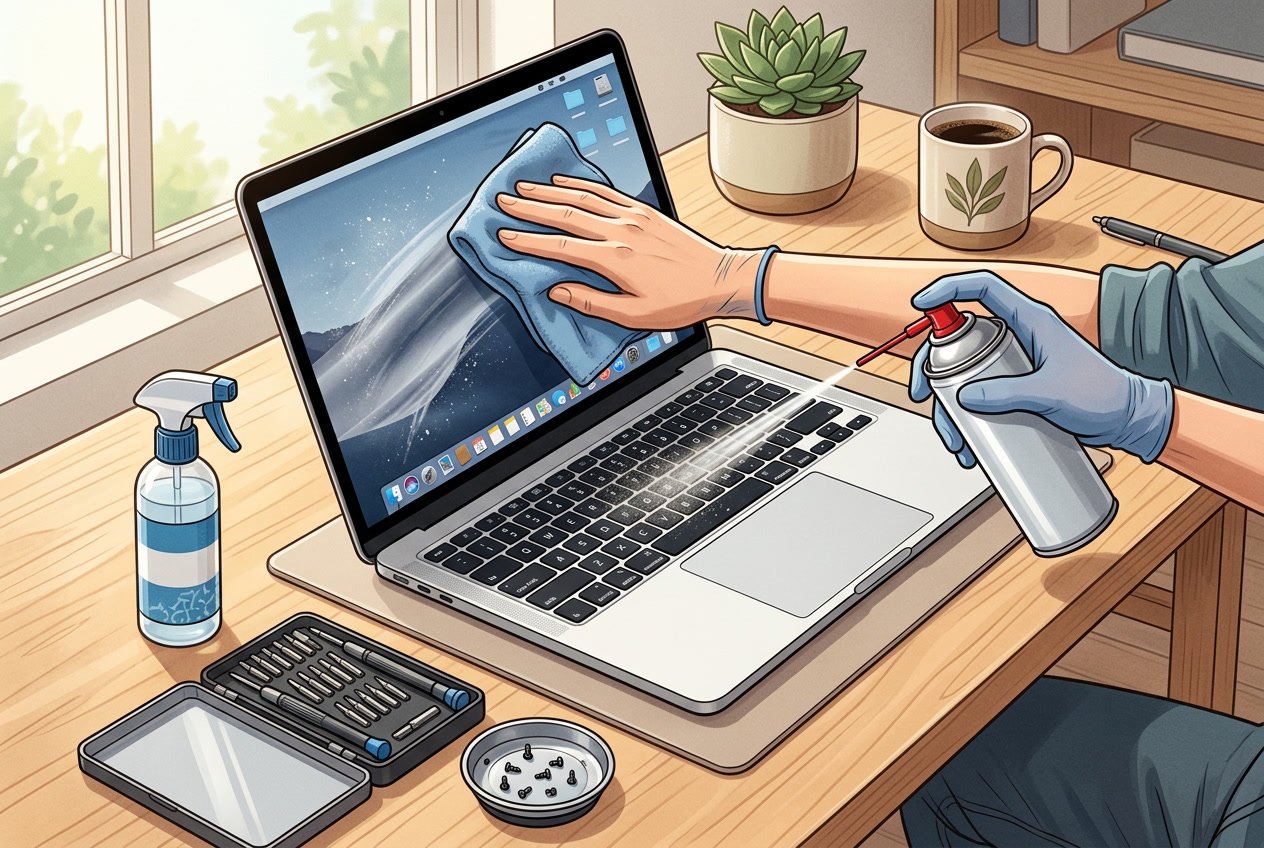A laptop on a desk with tools like a microfiber cloth, compressed air can, screwdriver, and cleaning solution arranged around it.