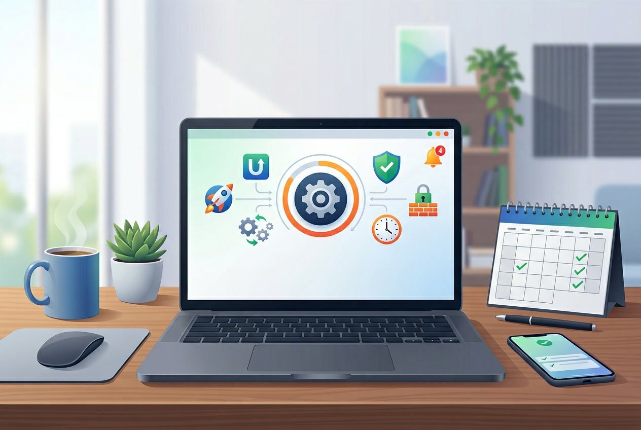A laptop on a desk with icons representing software updates and security, surrounded by a calendar, smartphone, and coffee cup.