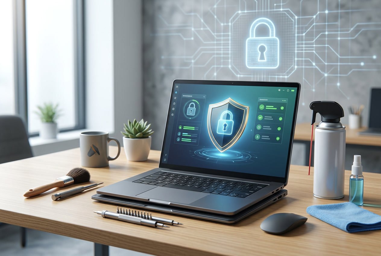 A laptop on a desk with maintenance tools around it and security icons in the background symbolizing protection against threats.