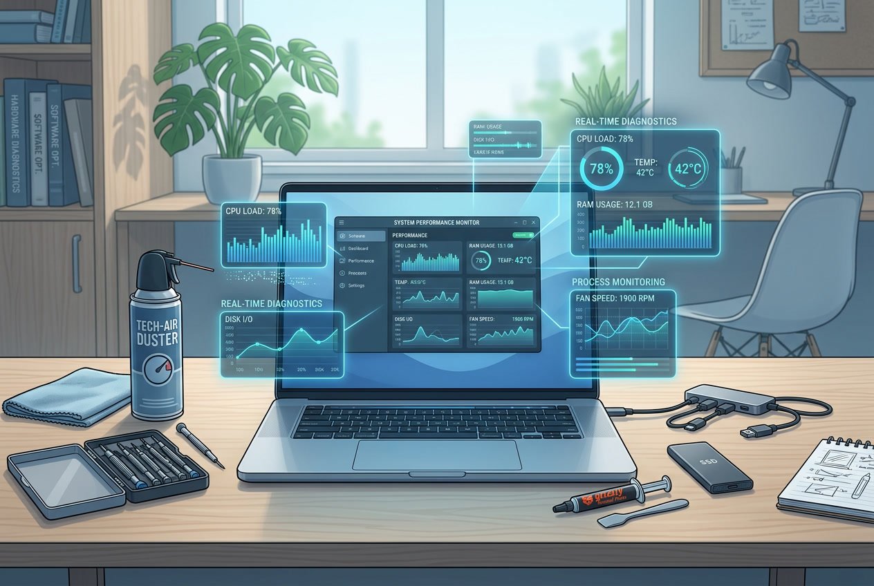 A laptop on a desk with tools and digital performance graphs floating above, surrounded by maintenance items in a clean office setting.