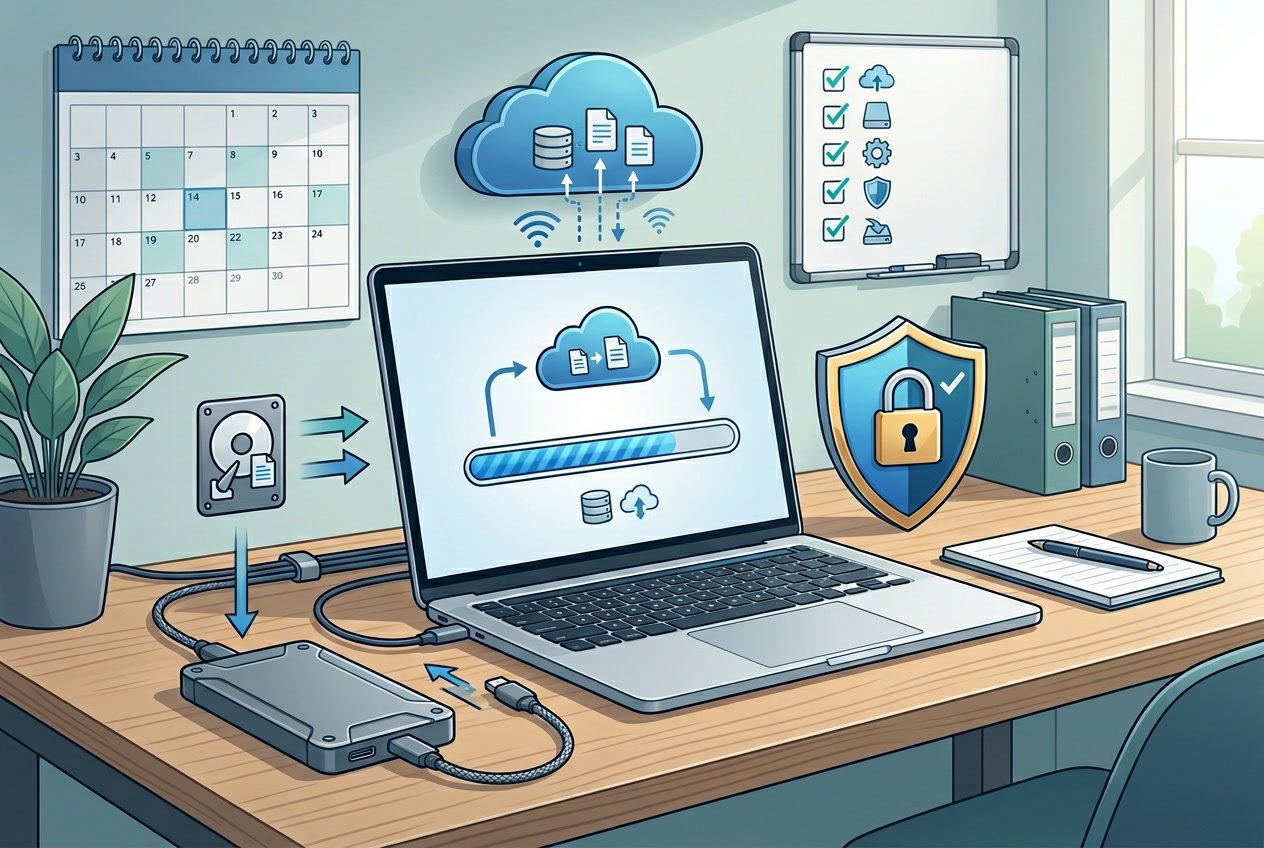 A laptop on a desk with icons representing cloud storage, data protection, and external backup, illustrating routine data backup and recovery.