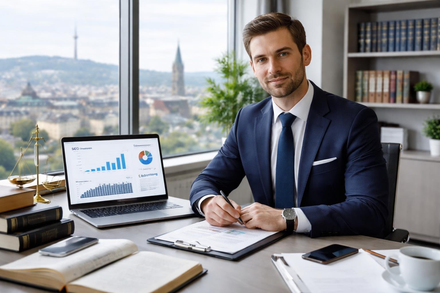 Ein Anwalt sitzt an einem Schreibtisch in einem modernen Büro mit Blick auf die Stadt Stuttgart.