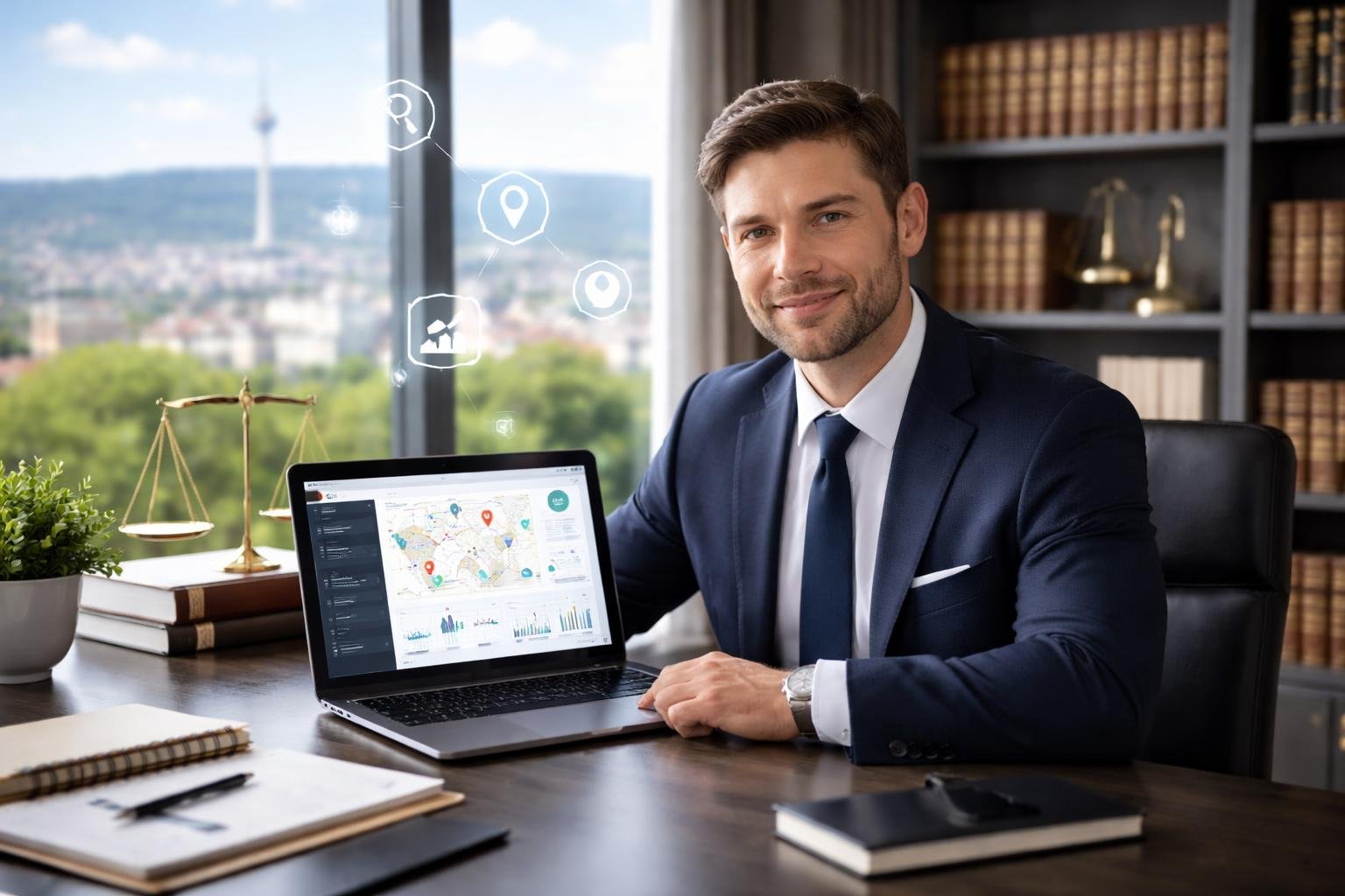 Ein Anwalt in einem modernen Büro in Stuttgart arbeitet an einem Laptop mit SEO-Daten, im Hintergrund sind Bücherregale und eine Stadtansicht zu sehen.