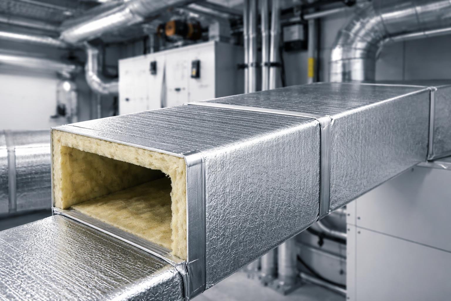 Close-up of insulated duct boards connected in an HVAC system inside a mechanical room.