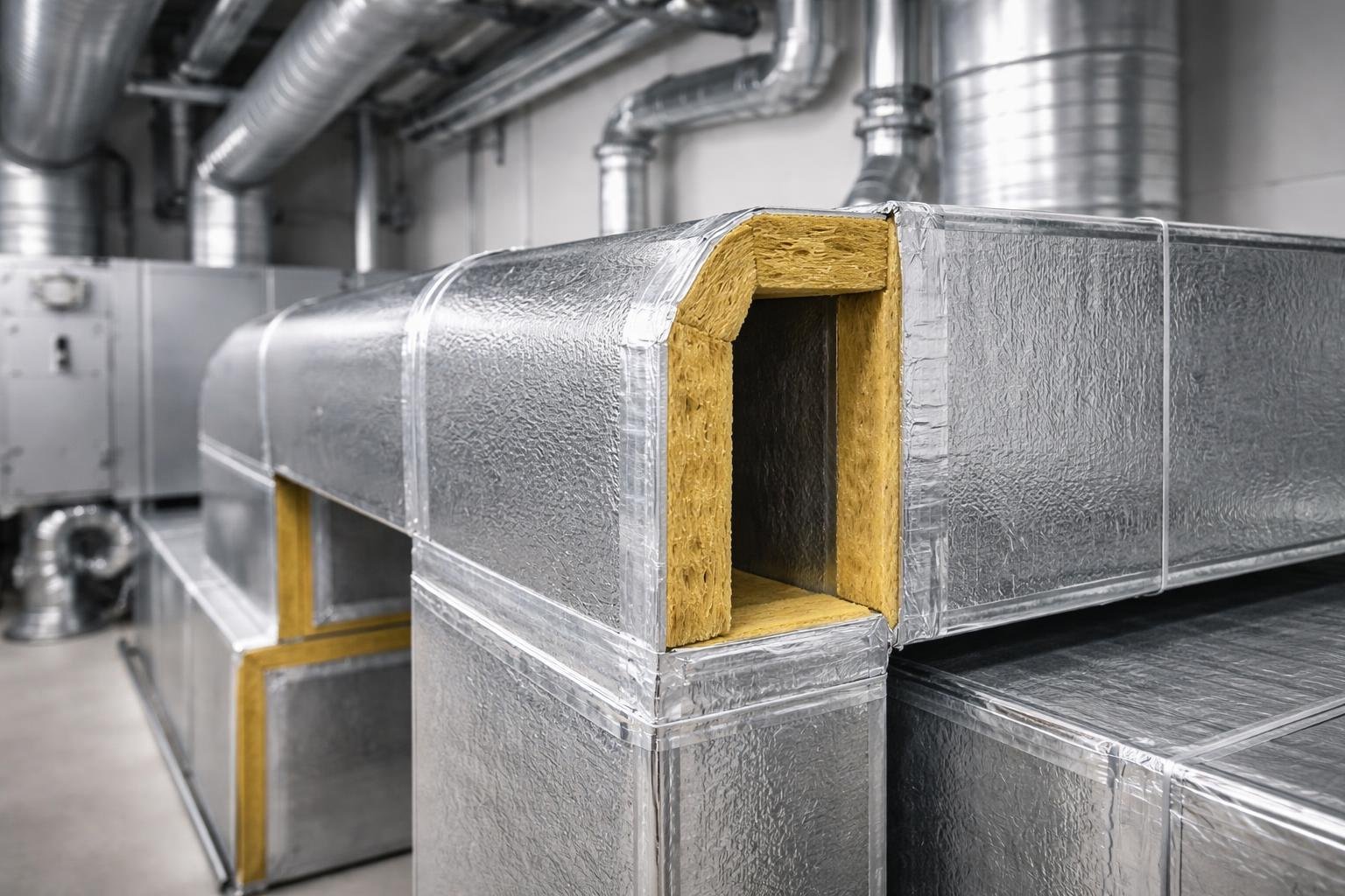 Close-up of pre-insulated duct boards installed in an HVAC system inside a mechanical room.