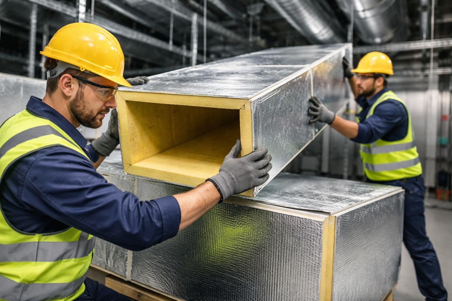 Technicians installing pre-insulated duct boards inside a commercial building's mechanical room.