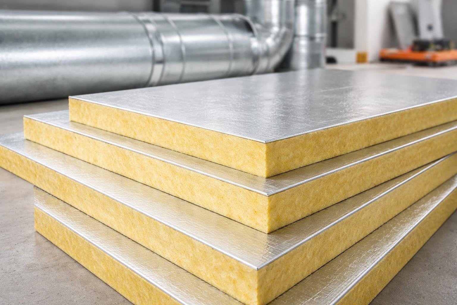 Close-up of pre-insulated duct boards arranged near metal HVAC ductwork in a clean mechanical room.