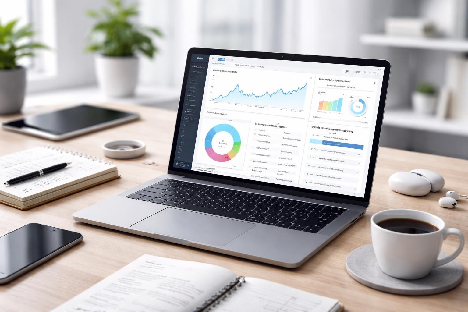 Ein moderner Arbeitsplatz mit einem Laptop, der SEO-Daten und KI-Inhalte anzeigt, umgeben von Notizen, einem Smartphone und einer Kaffeetasse in einem hellen B&uuml;ro.