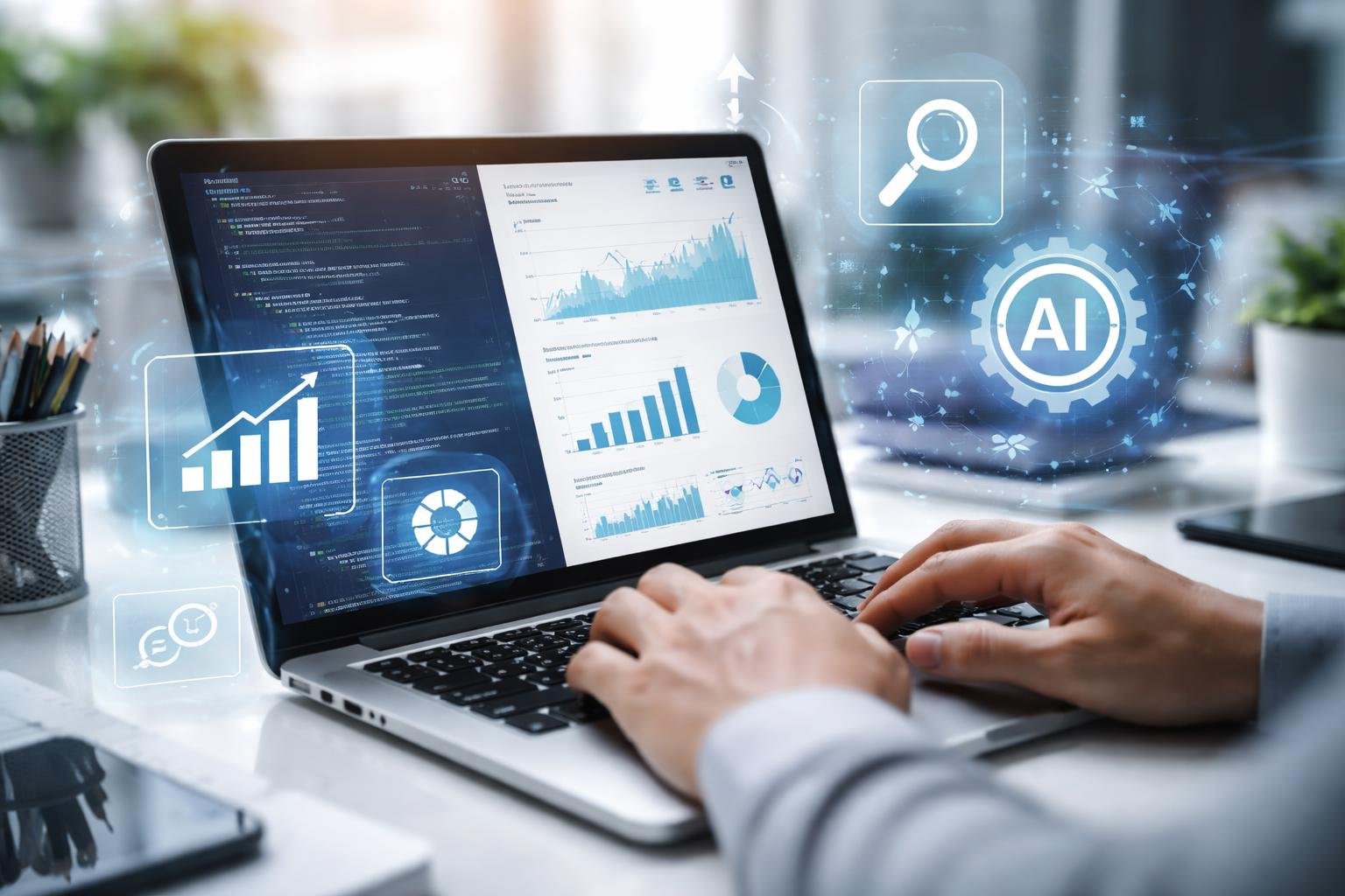 Ein moderner Arbeitsplatz mit einem Laptop, der SEO-Daten und Code zeigt, umgeben von digitalen Symbolen f&uuml;r Suchmaschinenoptimierung und k&uuml;nstliche Intelligenz.